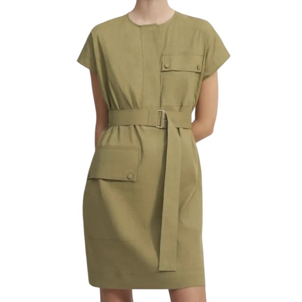 LN Theory Olive Tan Linen Blend Crewneck Belted Utility Dress - 12